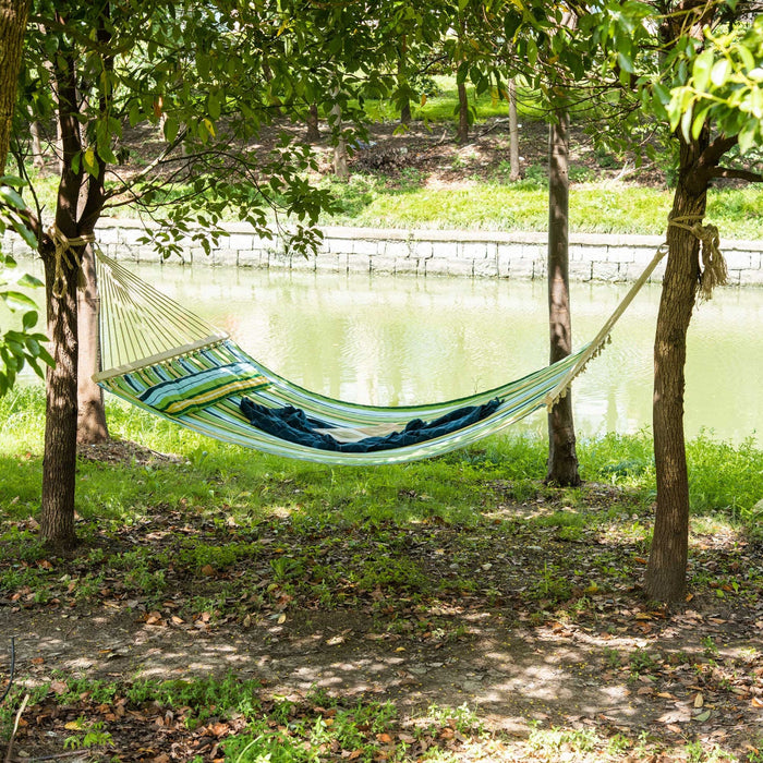 Outsunny 83\" Patio Double Hammock, Wide Outdoor Hammock Bed Striped Fits 2 People Sunbed Camping Han