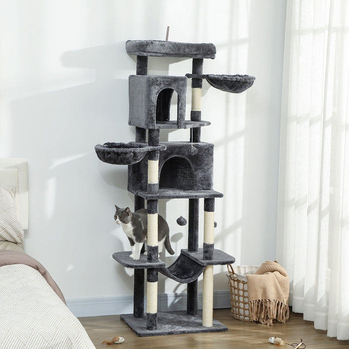 PawHut Cat Tree, 69" Cat Tower for Indoor Kittens, Multi-Level Tower with 2 Condos, Scratching Posts, 2 Hammocks, Perches, Pompoms for Multiple Kitties, Dark Grey