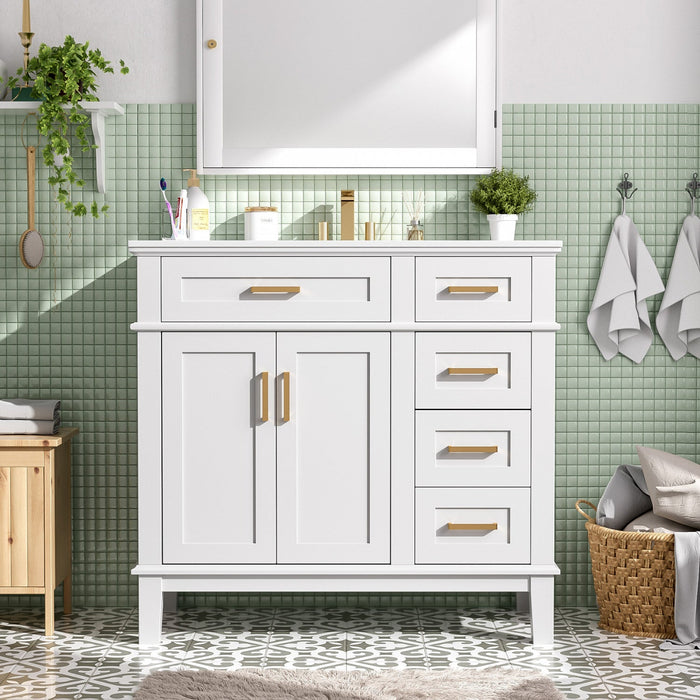 Michael 36\" Bathroom Vanity With Ceramic Sink, Soft-close Doors, And Four Storage Drawers - White 
