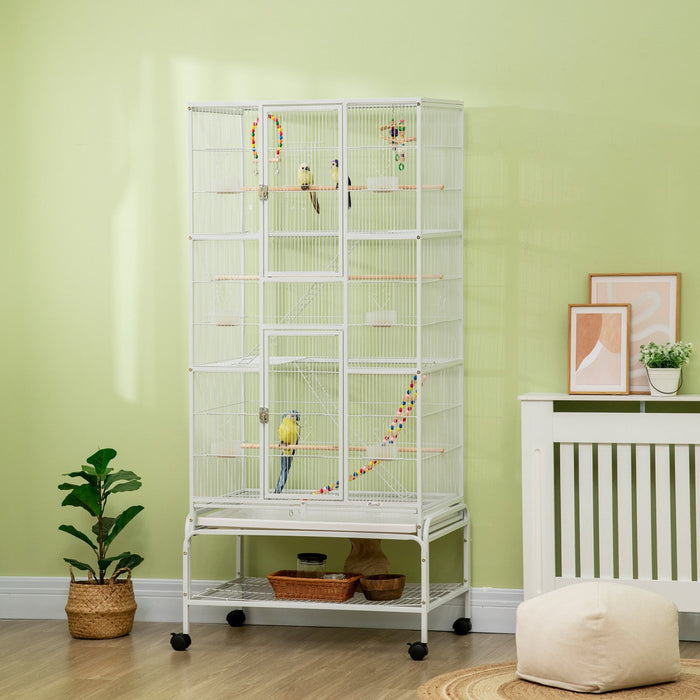 Pawhut 71" Bird Cage, 3 Tier Large Parrot Cage With Wheels, Perches, Ramp, Storage Shelf, Toys For Canaries, Finches, Cockatiels, Parakeets, White