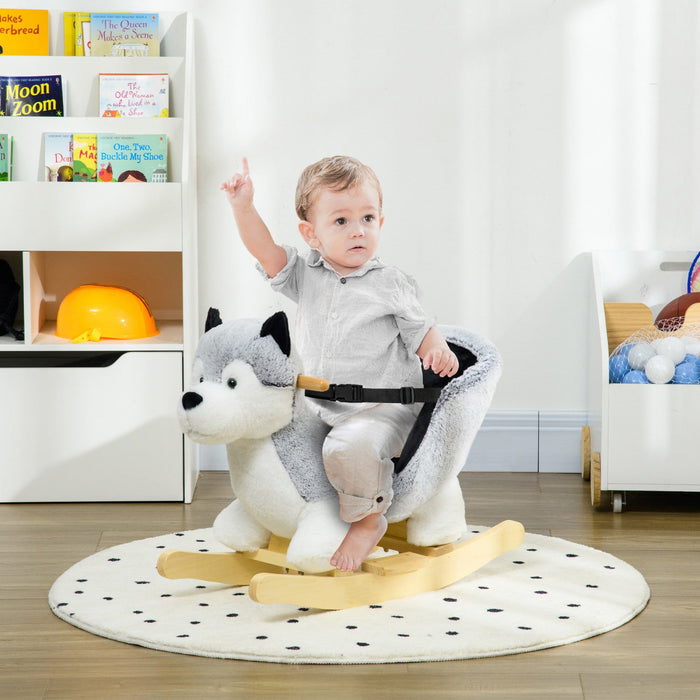 Qaba Kids Rocking Horse, Baby Rocker Chair Husky-shaped Plush Ride On Toy With Realistic Sounds, Woo
