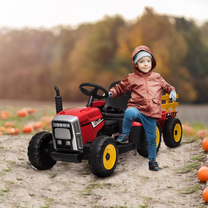 Aosom 12v Kids Powered Ride-On Tractor With Trailer, Battery Powered Electric Tractor With Remote Co