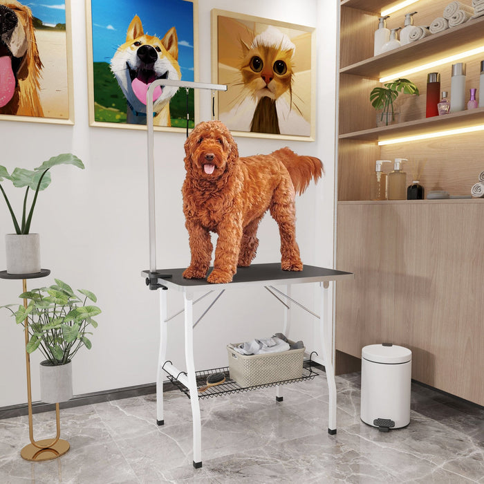 Pawhut 35in Dog Grooming Table With Adjustable Arm, Foldable Pet Grooming Table With Mesh Tray, Two 