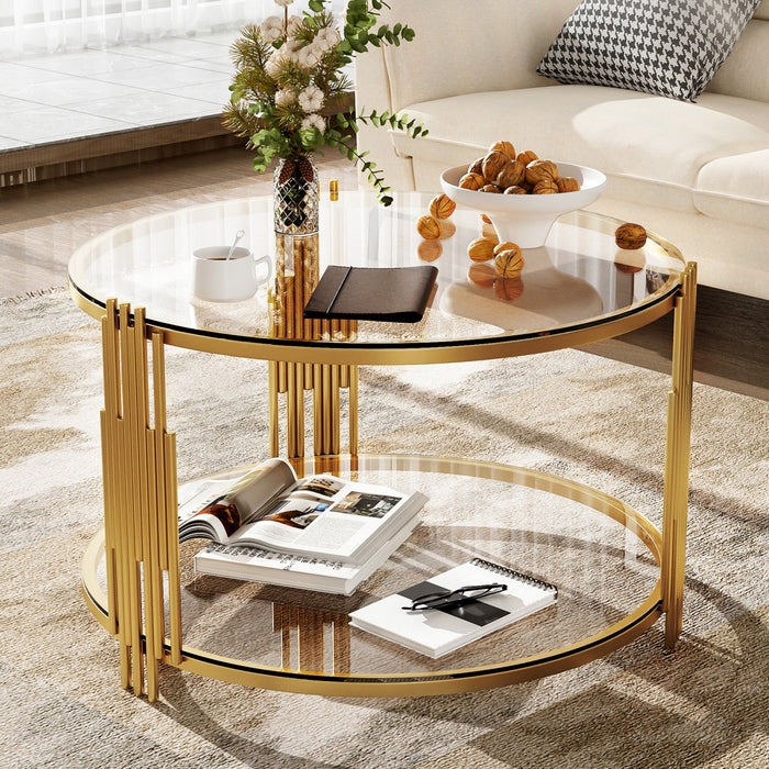 Jonas 31.5\" Round Tempered Glass Coffee Table With Lower Shelf -  Transparent 