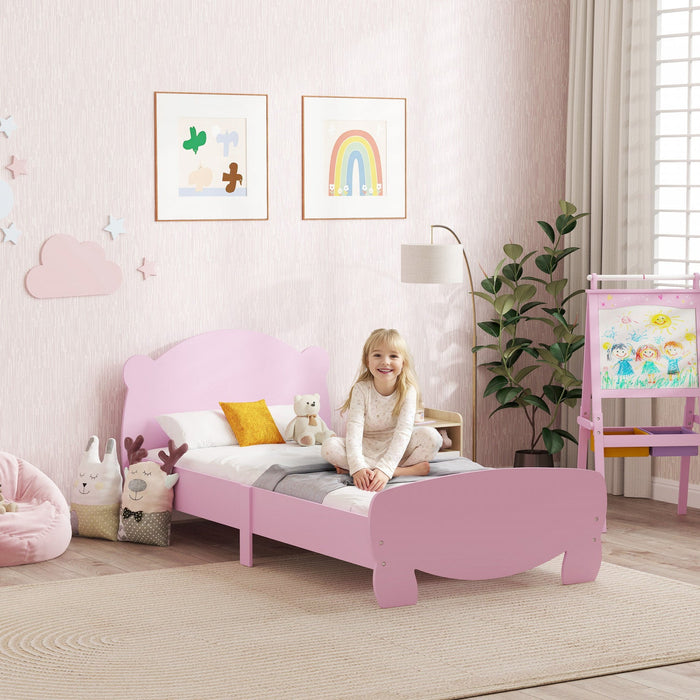 Qaba Twin Bed Frame, Platform Bed with Bear Shaped Headboard & Footboard, Slats Support, No Box Spring Needed, for Boys, Girls, Pink