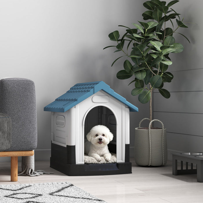 PawHut Outdoor Dog House, Plastic Dog Kennel, Water-Resistant Pet Shelter with Windows, Base Support for Garden Patio, Miniature Dogs, 64.5 x 57 x 66cm - Blue