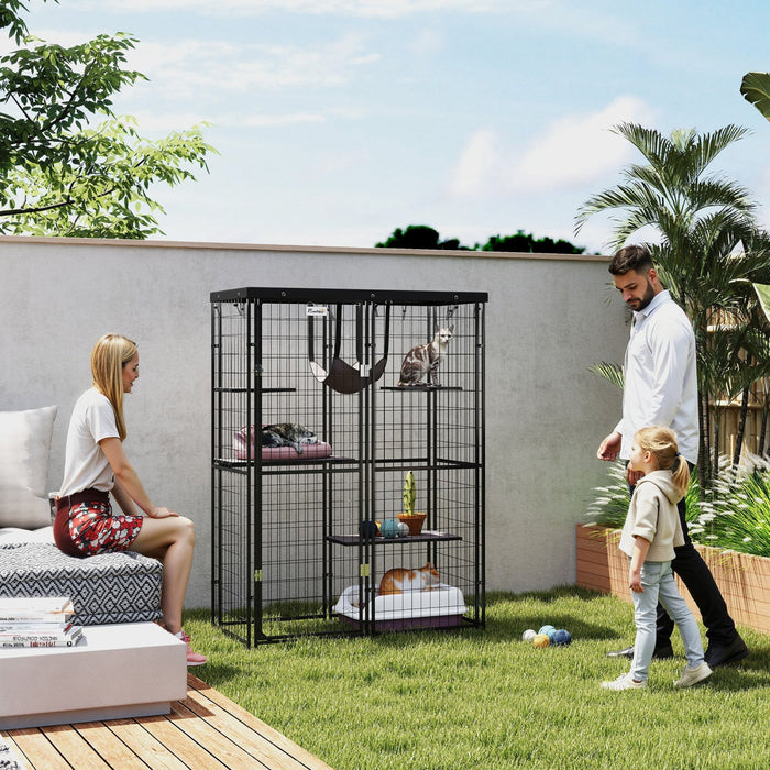 Pawhut Catio Outdoor Cat Enclosure, Weld Wire Outdoor Cat House With Waterproof Cover, 4 Jumping Platforms, Hammock, Cat Cage Indoor For 1-3 Kittens, 46.5" X 22" X 62", Black