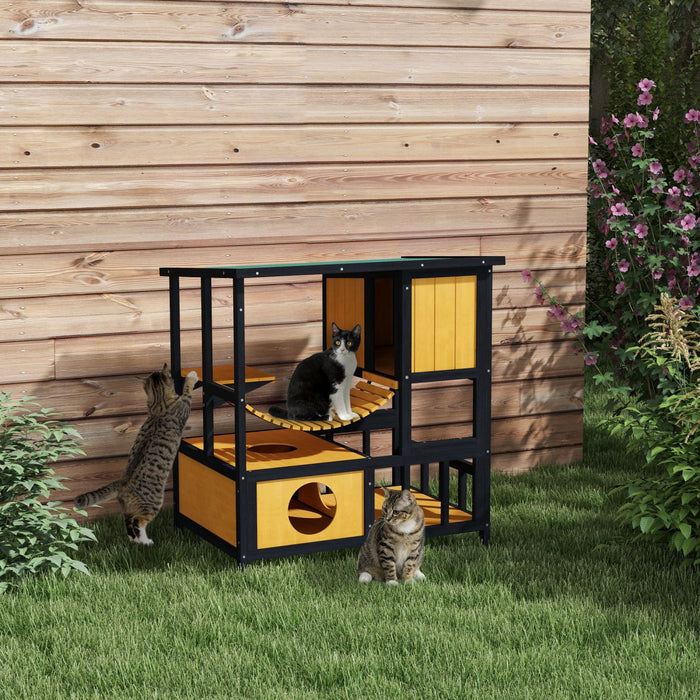 Pawhut Outdoor Cat House Feral Cat Shelter Wooden Cat House With Suspension Bridge, Condos, Escape D