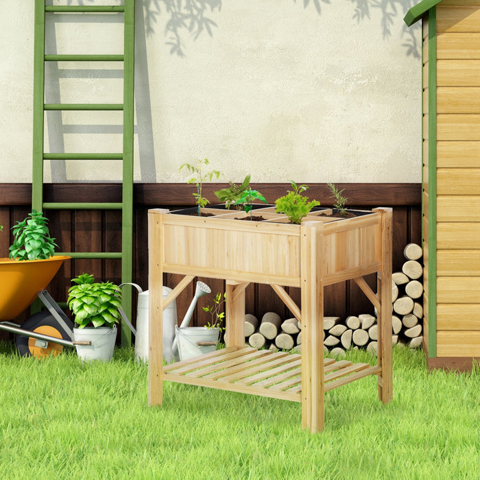 Outsunny 6 Pocket Raised Garden Bed, Elevated Wood Planter Box With Storage Shelf And Non-woven Fabr