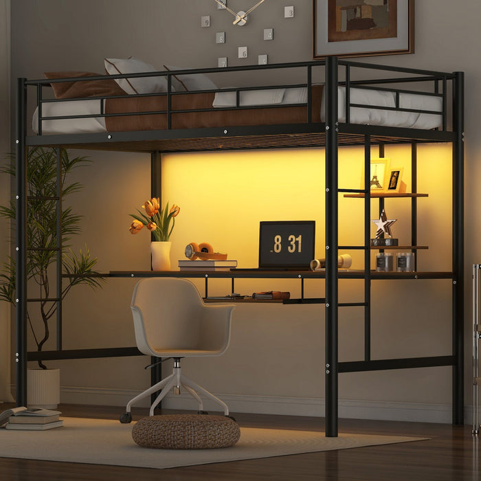 Andy Twin Loft Space-saving Metal Bed With Desk And Led Light - Black 