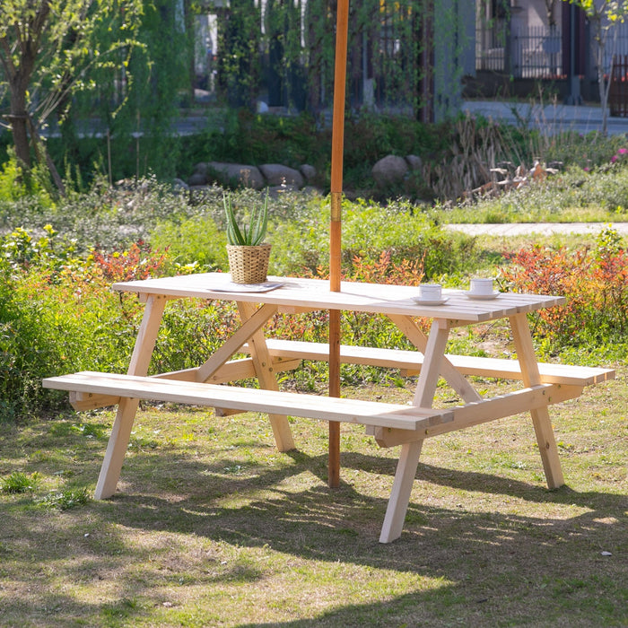 Outsunny Wood Picnic Table Set With Built-in Benches Umbrella Hole Natural