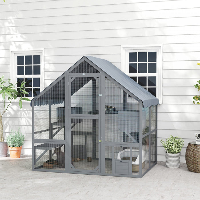 Pawhut Catio Outdoor Cat Enclosure, Large Kitten House With Waterproof Cover, 2 Resting Boxes, 4 Platforms, Bridge, Wooden Cat Cage Outdoor For 2-4 Kittens, 73" X 55" X 74", Grey