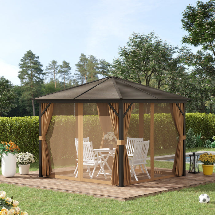 Outsunny 10' X 10' Hardtop Gazebo Outdoor Gazebo Canopy With Mosquito Netting, Curtains, Hanging Hoo