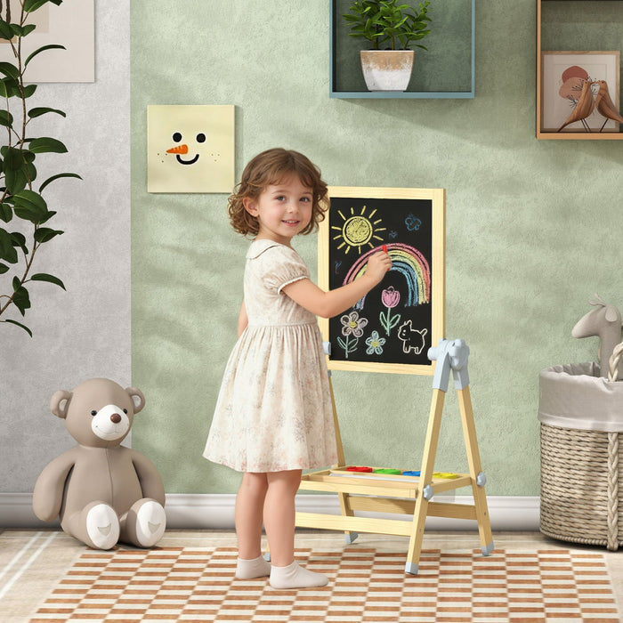 Qaba Wooden Art Easel for Kids, Double Sided Kids Easel with Height Adjustable Chalkboard and Magnetic Whiteboard, Paper Roll, Tray for Boys and Girls, Natural