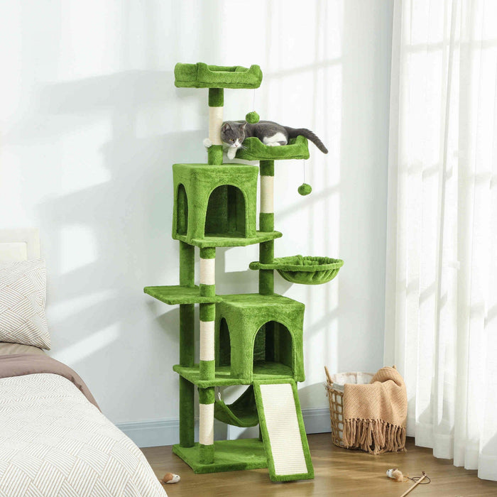 PawHut Cat Tree, 70" Multi-Level Cat Tower for Indoor with 2 Condos, 2 Plush Top Perches, Hammock, Platforms, Toy Balls, Sisal Scratching Posts and Board, Green