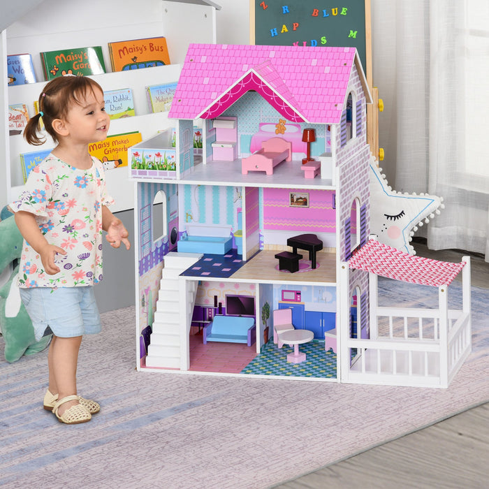 Qaba 2.9ft Kids Wooden Dollhouse Dreamhouse Villa With Patio Dollhouse With Furniture Accessories Ki