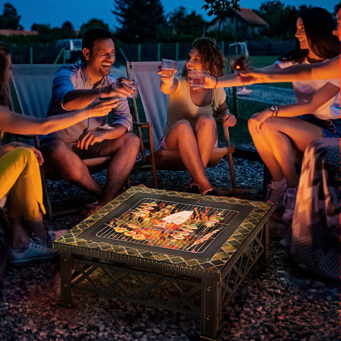 Outsunny 30\" Outdoor Steel Square Firepit Square Stove With Spark Screen Cover, Log Grate, Poker, Gr
