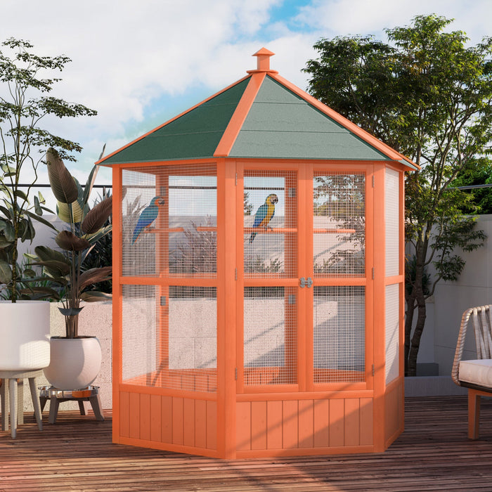 Pawhut Bird Cage, 70"h Wooden Parrot Cage, Large Hexagonal Outdoor Aviary With Asphalt Roof, Doors, Brown