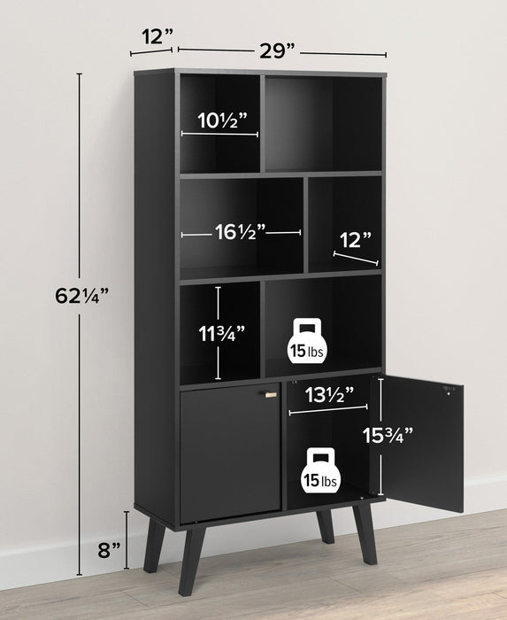 Milo Mid-Century Modern Bookcase with 6 Shelves, 2 Doors & Brushed Brass-Finished Knobs - Black