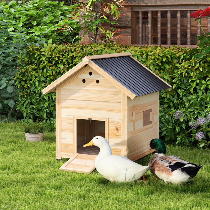 PawHut Duck House, Outdoor Chicken Coop, Wooden Duck Coop with Openable Roof, Double Doors, Removable Base for 1–3 Breeds for Indoor Outdoor Use, 31"L, Natural Wood