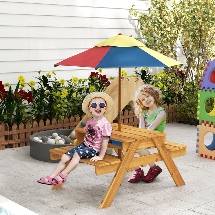 Outsunny Kids Picnic Table, 3-in-1 Sand And Water Table Wooden With Removable Foldable Umbrella, Det