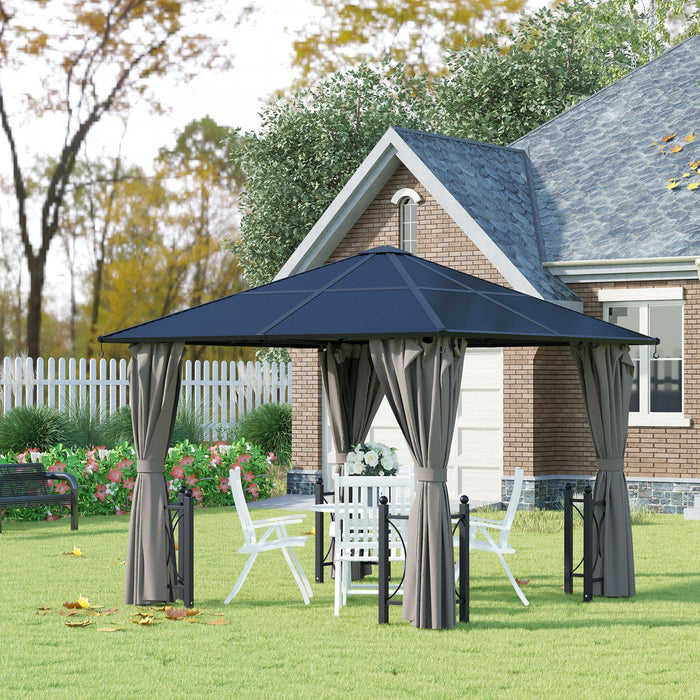 Outsunny 10' X 10' Hardtop Gazebo With Pc Board Roof And Aluminum Frame, Patio Gazebo With Curtains 