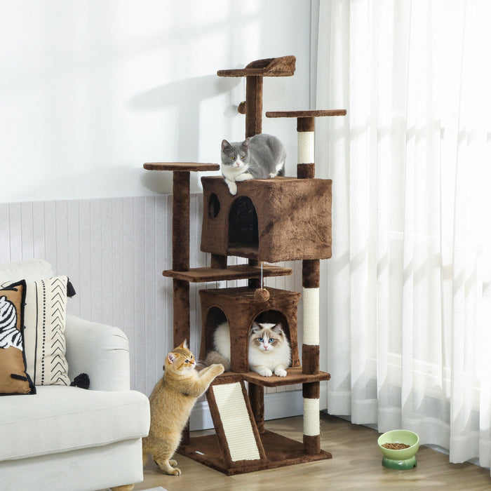 PawHut 63" Cat Tree, Cat Tower for Indoor Cats with Scratching Posts, Cat Condos, Bed, Platforms, Ramp, Toy Ball, Cat Activity Center, Light Brown