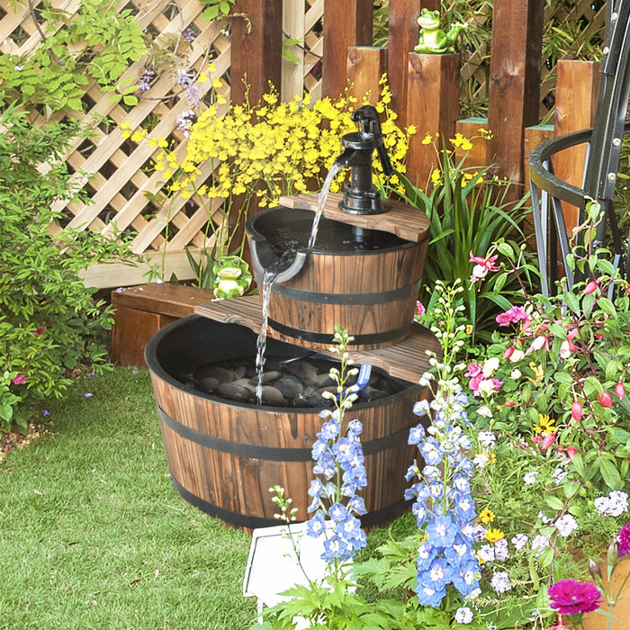 Outsunny 2-tier Wooden Barrel Water Fountain With Electric Pump, 23\" Tall Cascading Feature Outdoor 
