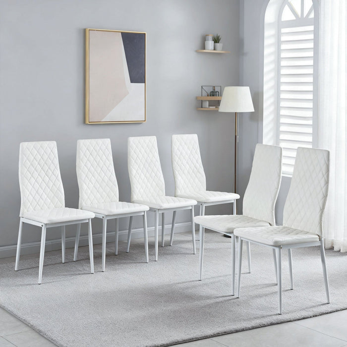 Ava Modern Diamond Grid Pattern Dining Chair Set (6-Pack) with Fireproof Leather and Metal Frame,White  