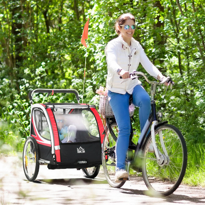 Aosom 2-in-1 Bike Trailer For Kids 2 Seater, Baby Stroller With Brake, Storage Bag, Safety Flag, Ref