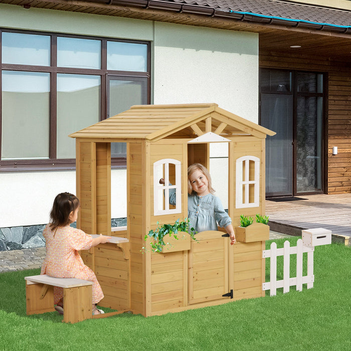 Outsunny Playhouse For Kids Outdoor With Door Windows Mailbox Flower Pot Holder Serving Station Benc