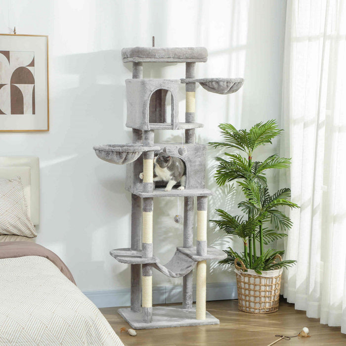 PawHut Cat Tree, 69" Cat Tower for Indoor Kittens, Multi-Level Tower with 2 Condos, Scratching Posts, 2 Hammocks, Perches, Pompoms for Multiple Kitties, Light Grey