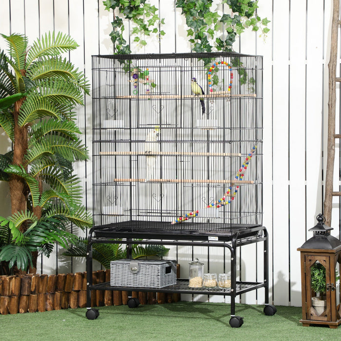 Pawhut Bird Cage With Rolling Stand, Toys, For Budgies Canaries Finches Lovebirds Parakeets, Parrot 