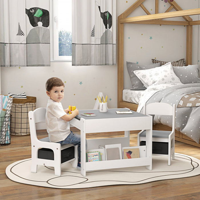 Qaba 3 Piece Kids Table And Chair Set, 2 In 1 Toddler Table And Chair Set With Reversible Tabletop, 