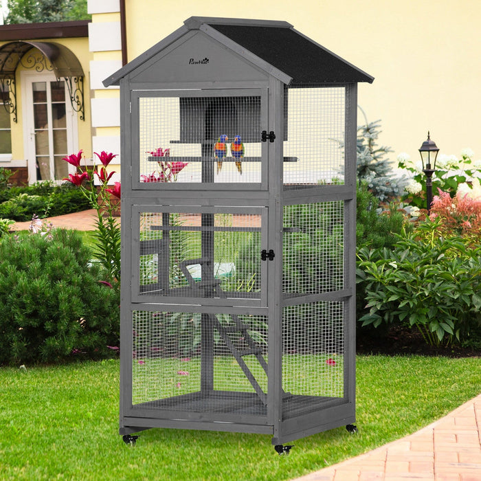 Pawhut 71\" Bird Cage Large Mobile Wooden Aviary For Canary Cockatiel With Wheel Perch Nest Ladder Sl