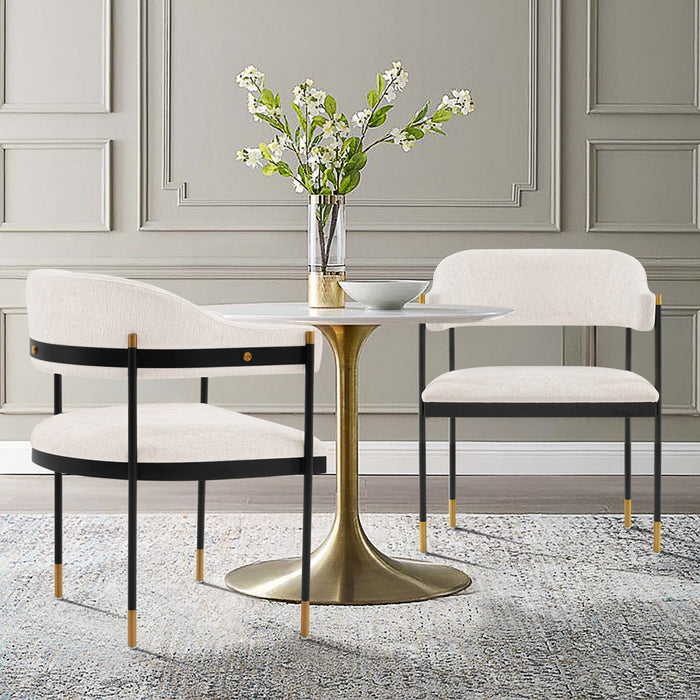 Lia Modern Metal Chenille Armchair in Cream - Set of 2 Dining Chair 