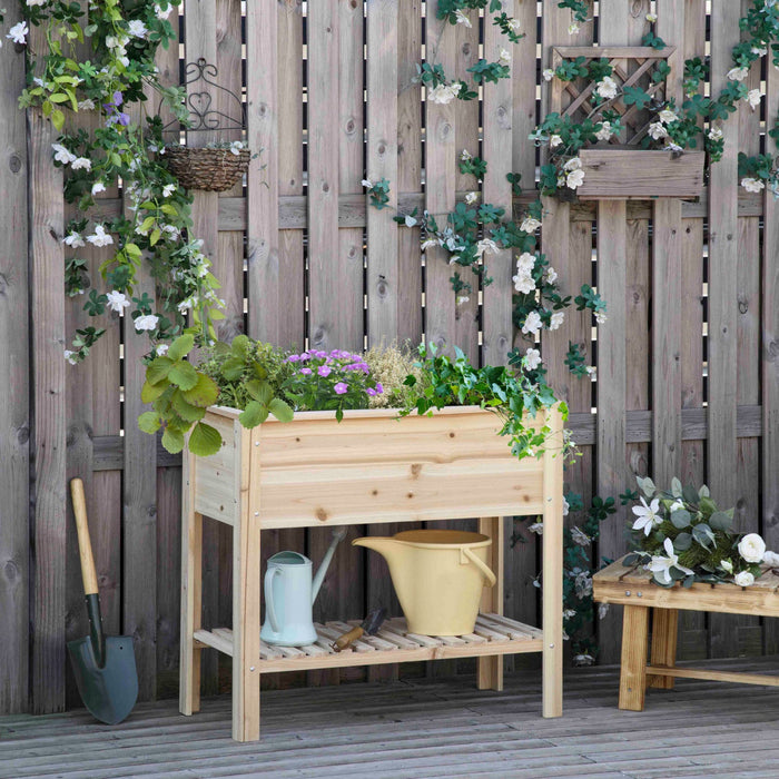 Outsunny Wooden Raised Garden Bed Standing Elevated Planter Box With Storage Shelf For Flowers, Vege