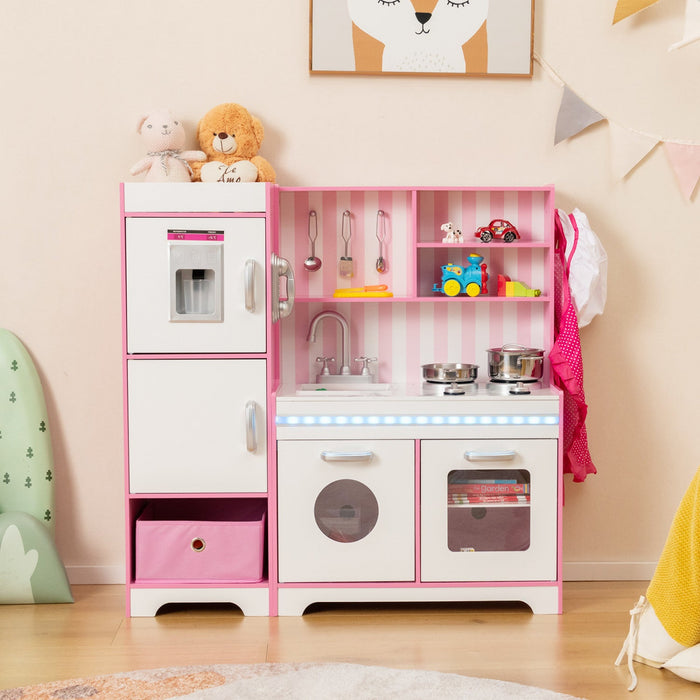 Costway Kids Kitchen Playset Wooden Toy With Adjustable Led Lights & Washing Machine