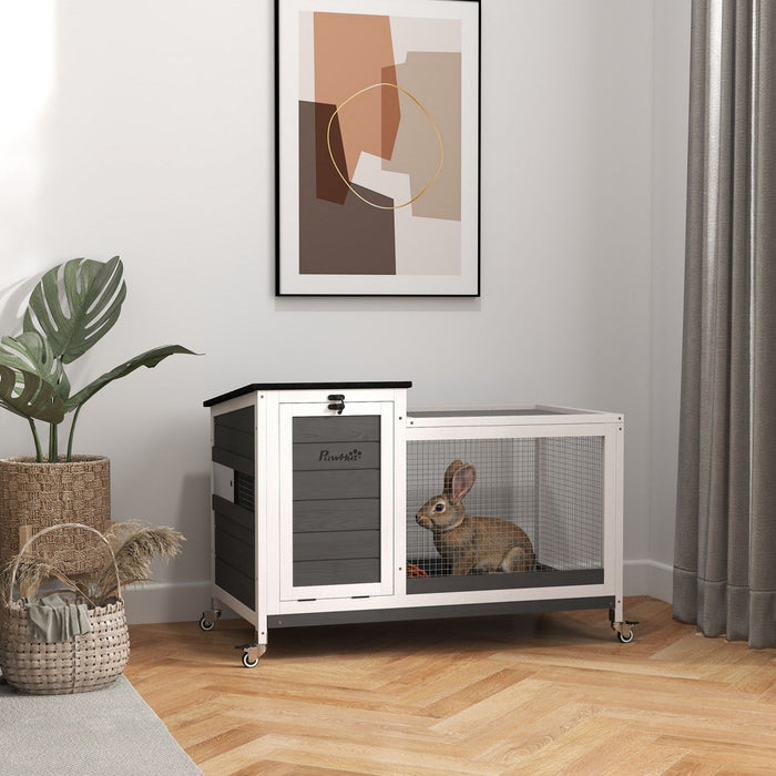 Pawhut Wooden Rabbit Hutch, Indoor Outdoor Guinea Pig Cage With Pull-out Tray, Asphalt Openable Roof