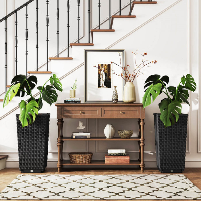 Costway 23" Tall Planters Set Of 2 Rattan Wicker Plant Pot Self-watering Tree Pot Black