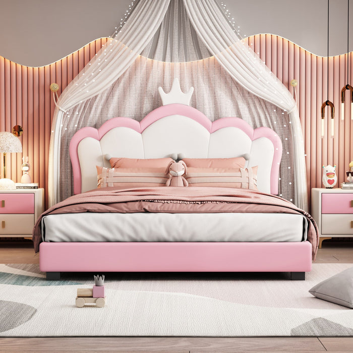 Judson Upholstered Princess Bed With Crown Headboard And Pu Platform Frame,full Size,pink Full Bed 