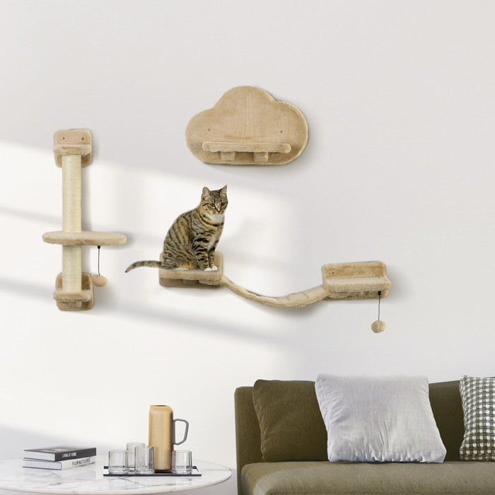 Pawhut Cat Wall Shelf With Scratching Post, Cloud-shaped Jumping Platform, Cat Wall Shelves For Rela