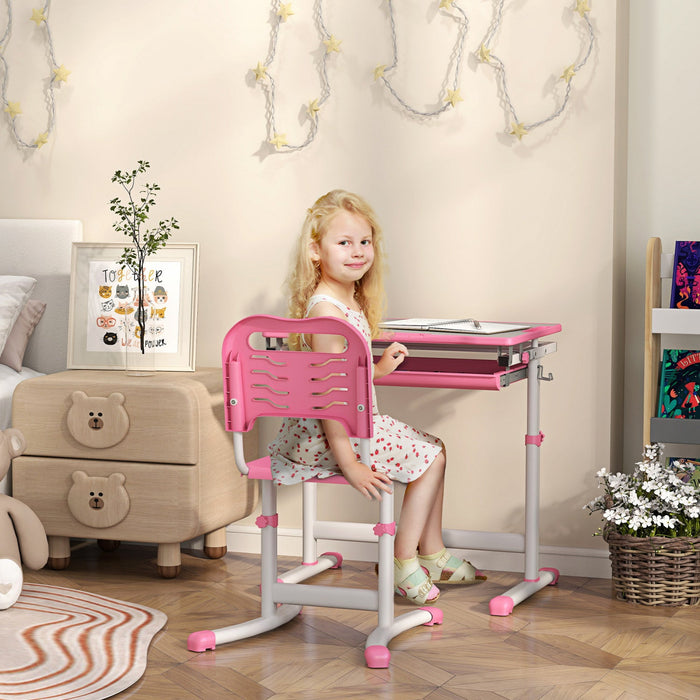 Qaba Kids Desk And Chair Set, Height Adjustable Study Table And Chair Set With Drawer, Pen Slot, Tiltable Desktop, Hook, Pink
