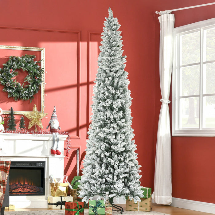 Homcom 9ft Flocked Pencil Artificial Christmas Tree With Steel Base, Green