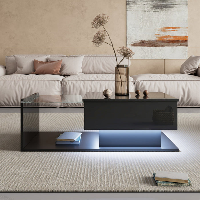Jonson Modern Lift-top Coffee Table With Led Lighting,high-gloss Black 