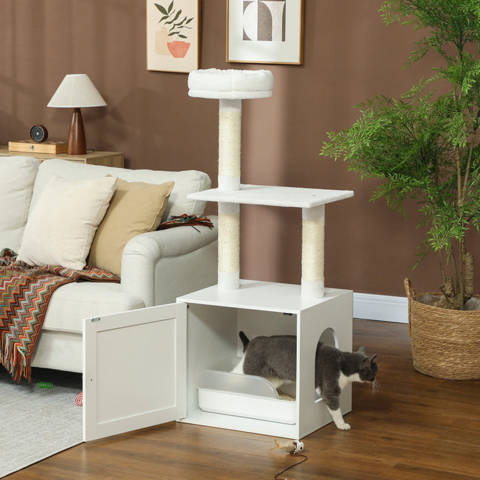 Pawhut Cat Tree With Litter Box Enclosure, Hidden Cat Tower With Sisal Covered Scratching Posts, Large Platform, Bed, Modern Furniture For Indoor Kittens, White