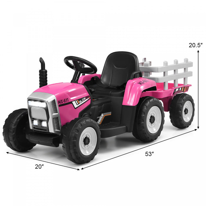Costway 12v Kids Ride On Tractor With Trailer Ground Loader W/ Rc & Lights Pink