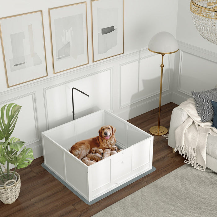 Pawhut Whelping Box For Dogs, Puppy Playpen With Retractable Light Stand, Waterproof Pad, Rail, Adju