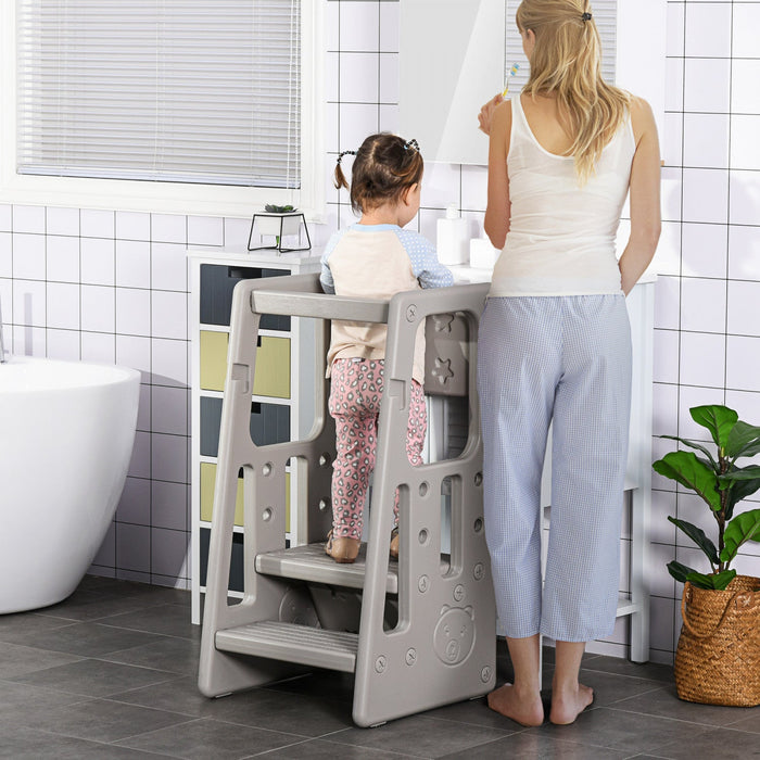 Qaba Toddler Kitchen Helper 2 Step Stool With Adjustable Height Platform And Safety Rail, Grey