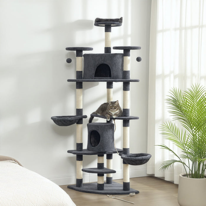 PawHut 79" Cat Tree Tower, Large Cat Condo Furniture, Multi-Level Cat Tower with Scratching Posts, Cozy Hammock, Dangling Balls - Dark Grey
